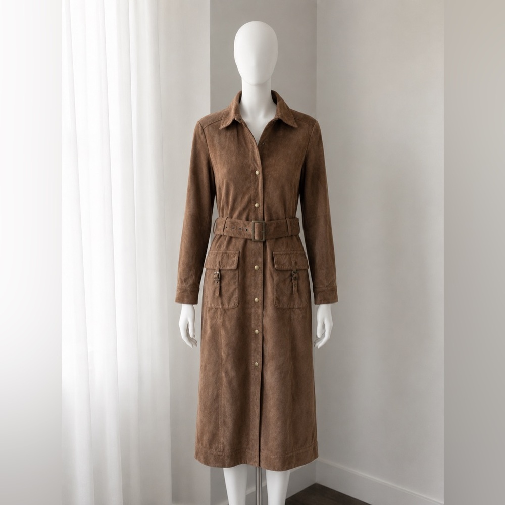 VINTAGE 90s CBK Spiegel Brown Suede Leather Belted Utility Shirt Dress SMALL